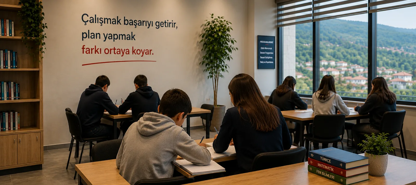 Uzun masalarda kitap ve defterle çalışan öğrenciler; pencerede Bolu manzarası, masada ders kitapları