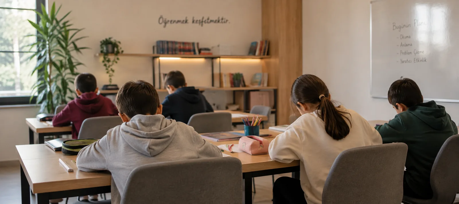 İlkokul sınıfında masalarda çalışan öğrenciler; tahtada günün planı yazılı, arkada kitap rafı