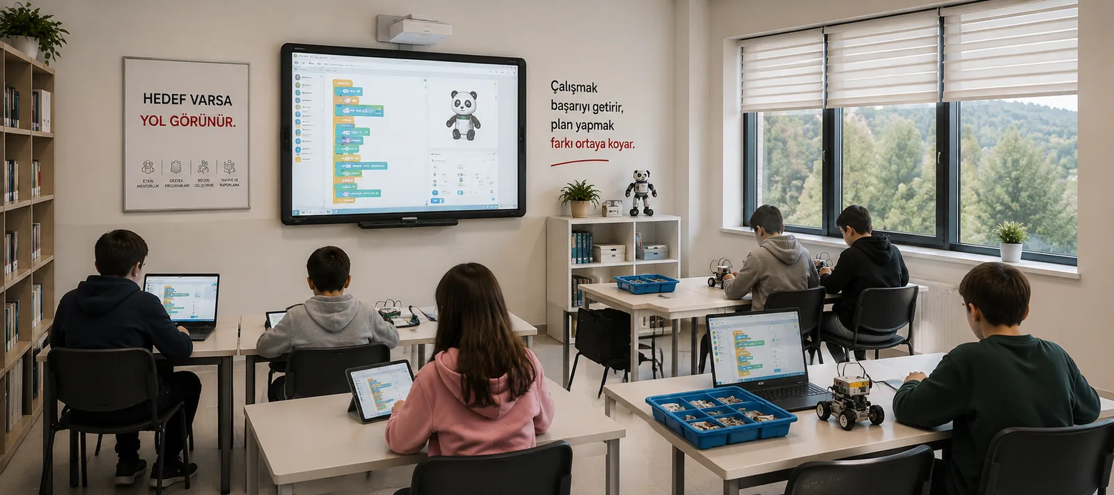 Bilgisayar ve tablet başında çalışan bir grup öğrenci; duvarda akıllı tahta, rafta robotik setleri