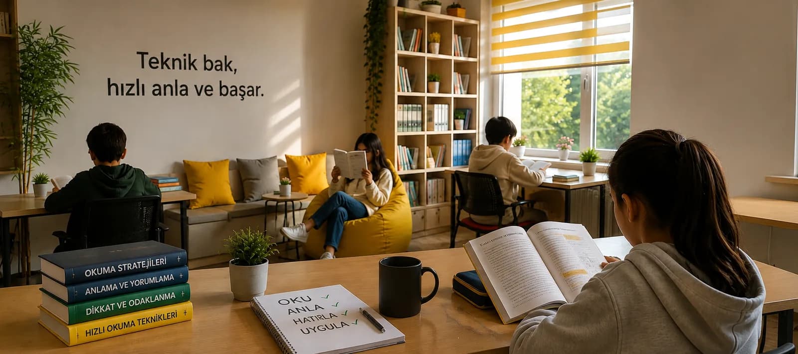Okuma salonunda kitap okuyan öğrenciler; önde açık bir kitap, yanında okuma teknikleri kitapları