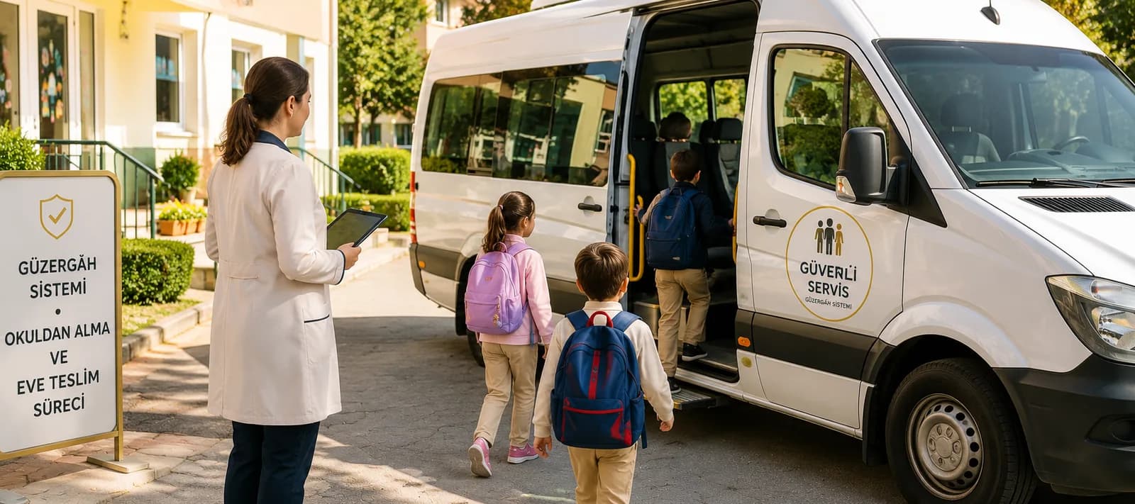 Bina önünde bekleyen servis aracına binen öğrenciler; yanda güzergâh sistemini anlatan pano