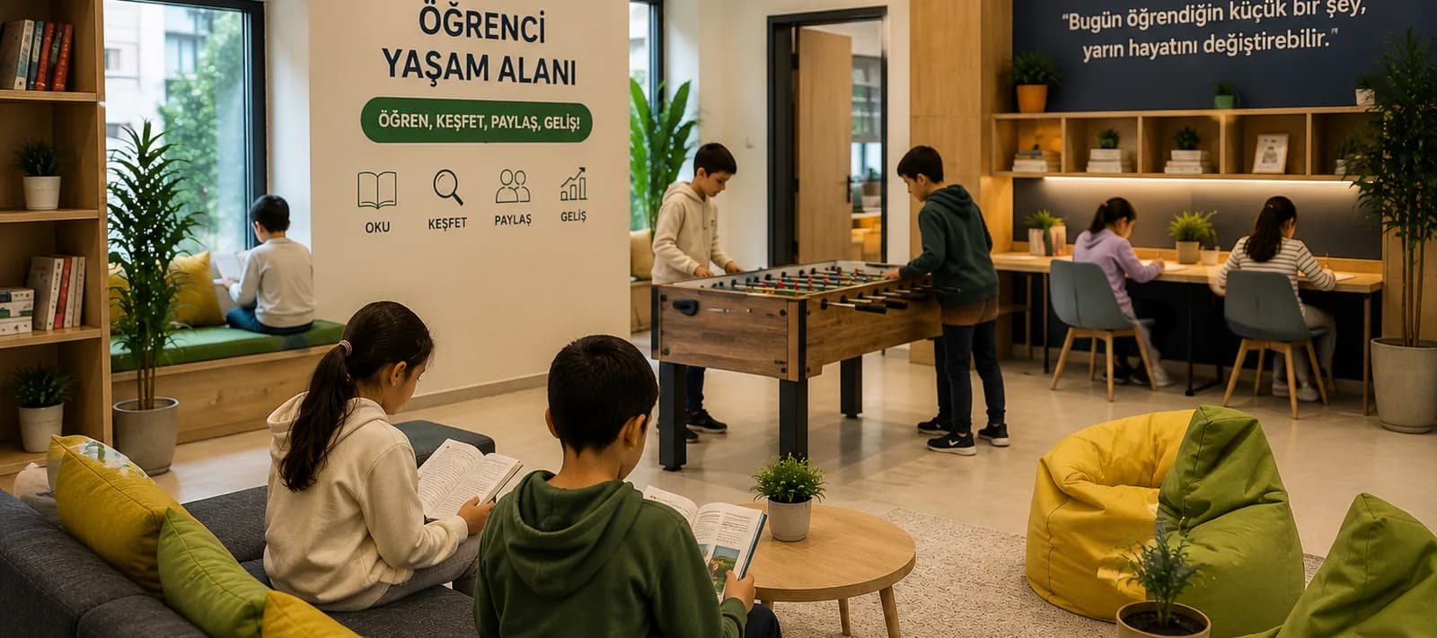 Öğrenci yaşam alanı: kanepede kitap okuyan iki öğrenci, ortada langırt masası, arkada çalışma tezgâhı ve puflar