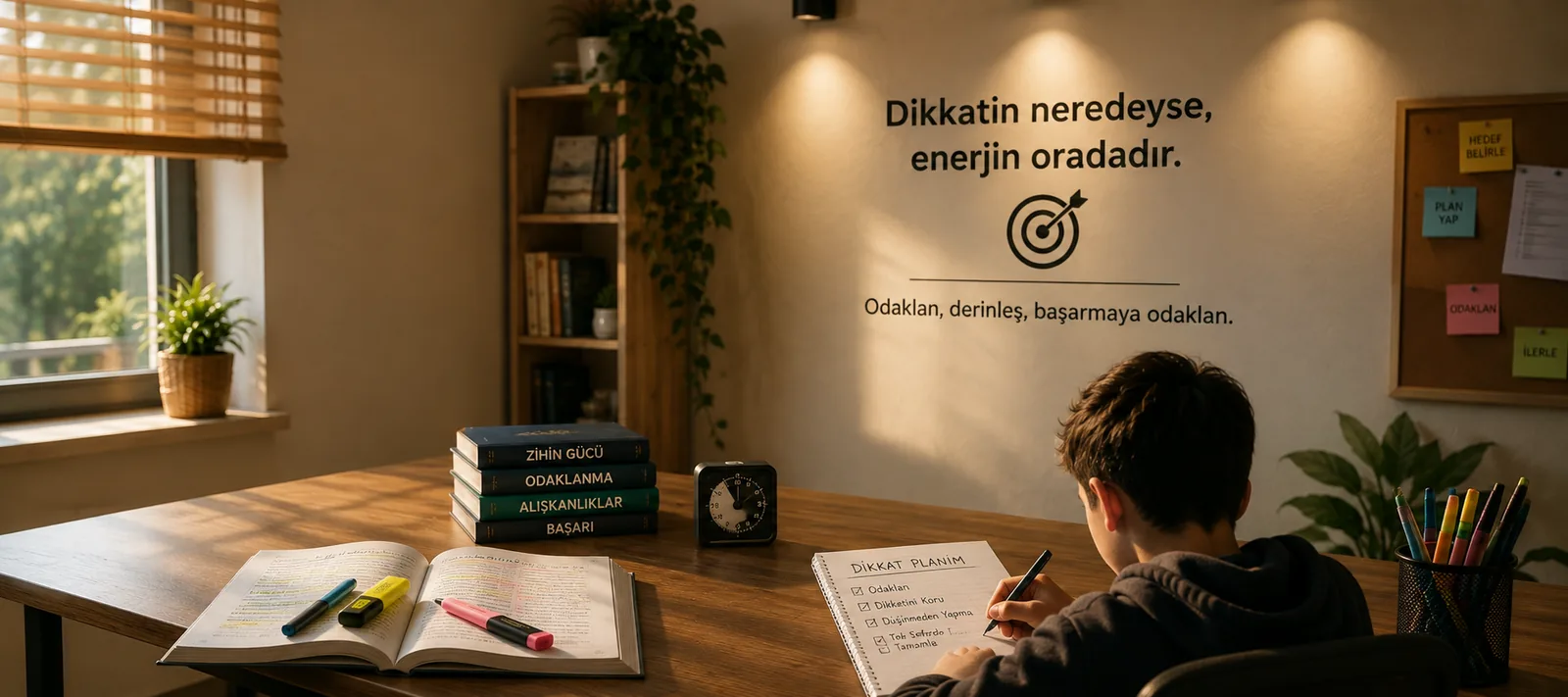 Sessiz bir çalışma masasında defterine yazan bir öğrenci; masada zamanlayıcı, duvarda odaklanma üzerine bir yazı