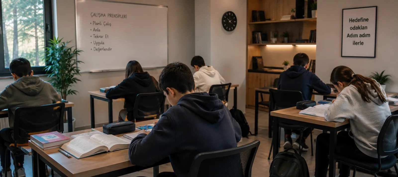 Ortaokul çalışma salonunda kitap ve defter başındaki öğrenciler; tahtada çalışma prensipleri yazılı
