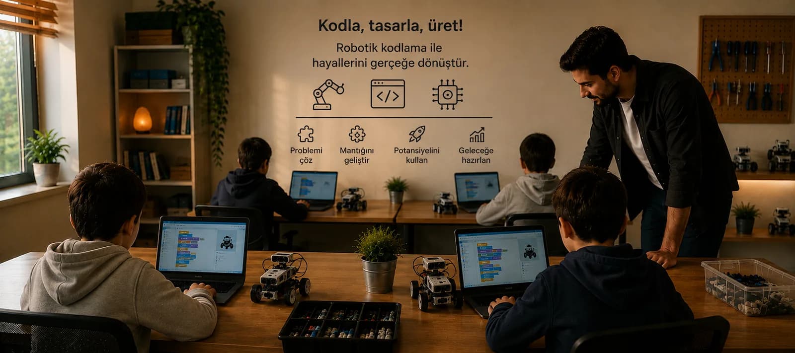 Dizüstü bilgisayarlarda blok kodlama yapan öğrenciler; masada tekerlekli robotlar ve parça kutusu