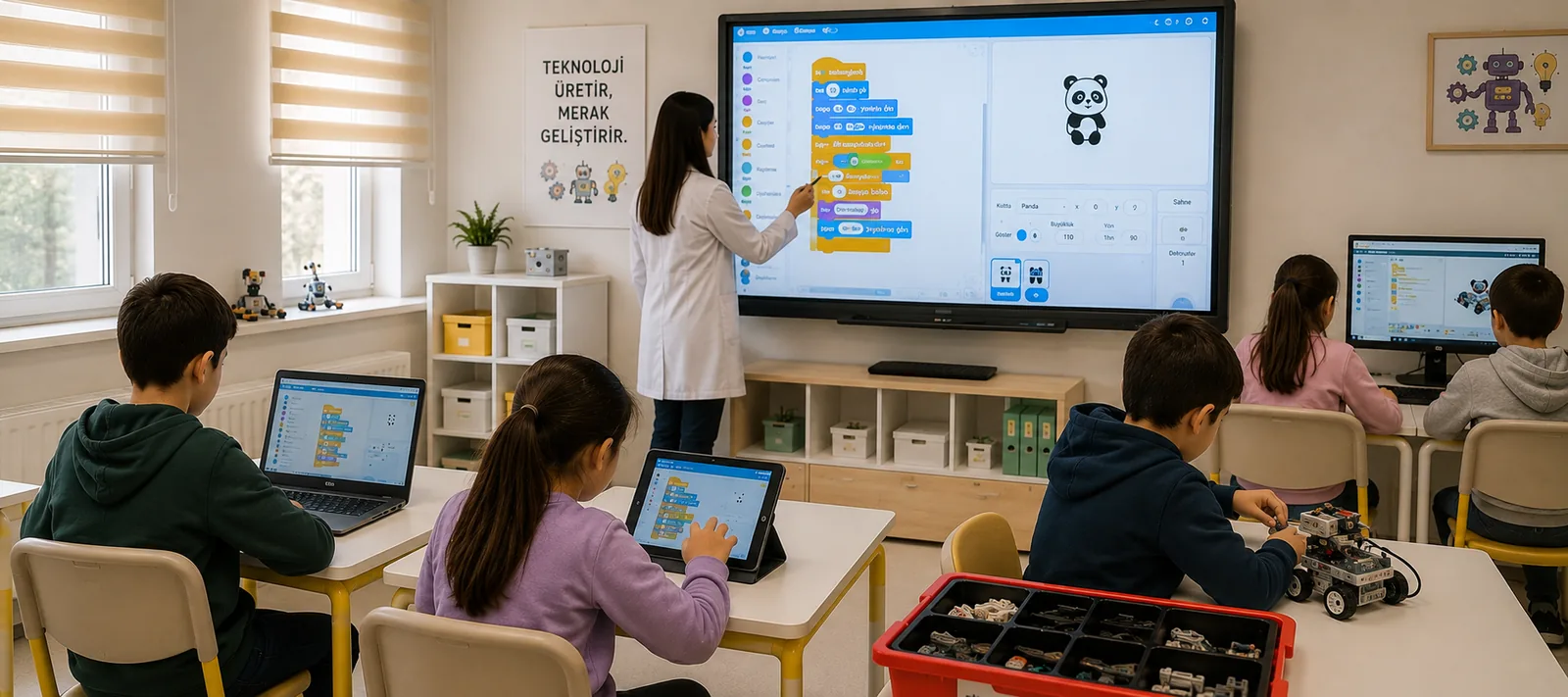 Akıllı tahtada blok kodlama gösterilen sınıf; öğrenciler dizüstü bilgisayar, tablet ve robotik setleriyle çalışıyor